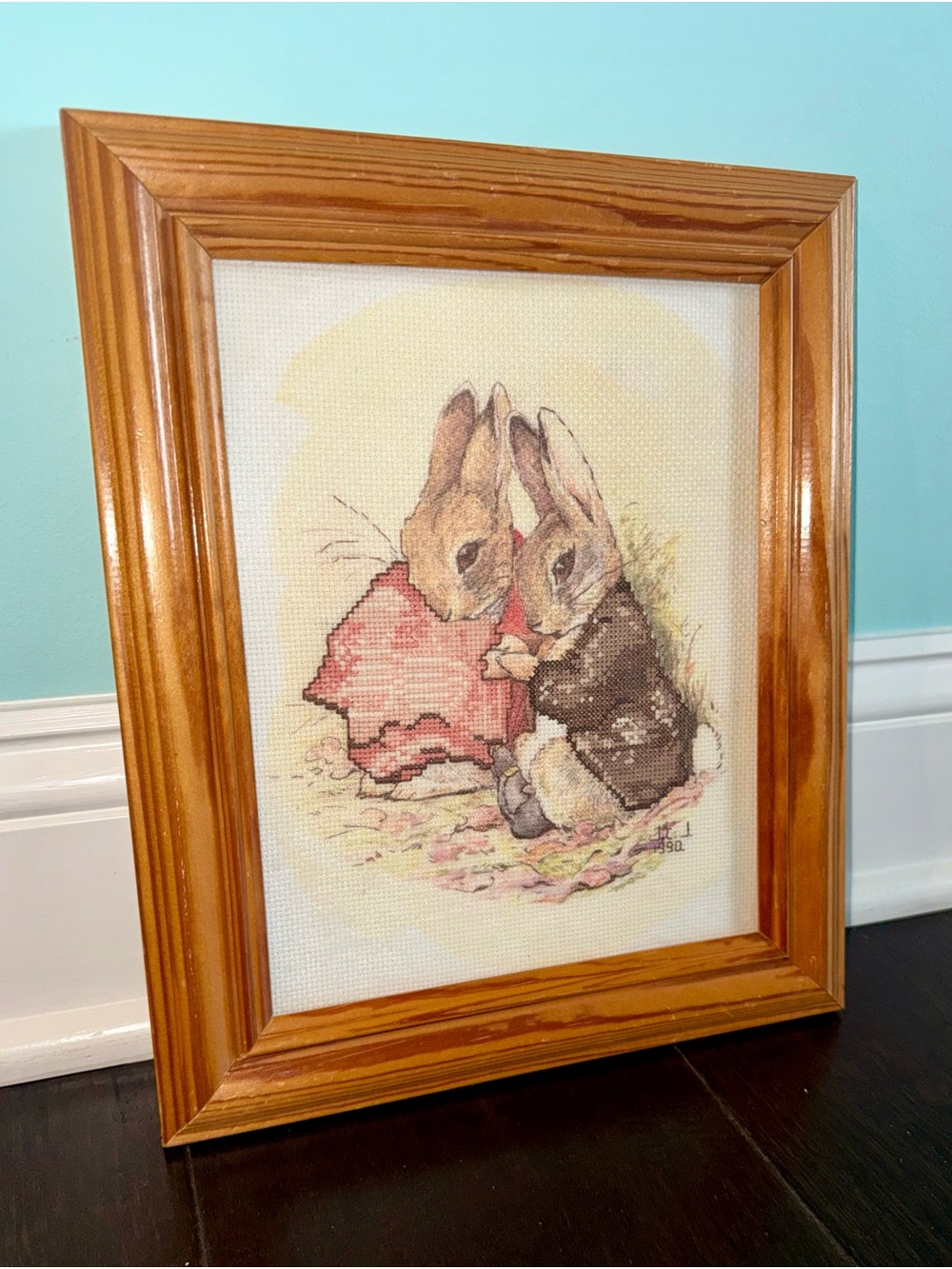 Vintage Framed Cross-Stitch Beatrix Potter Peter Rabbit  Bunny Embroidery